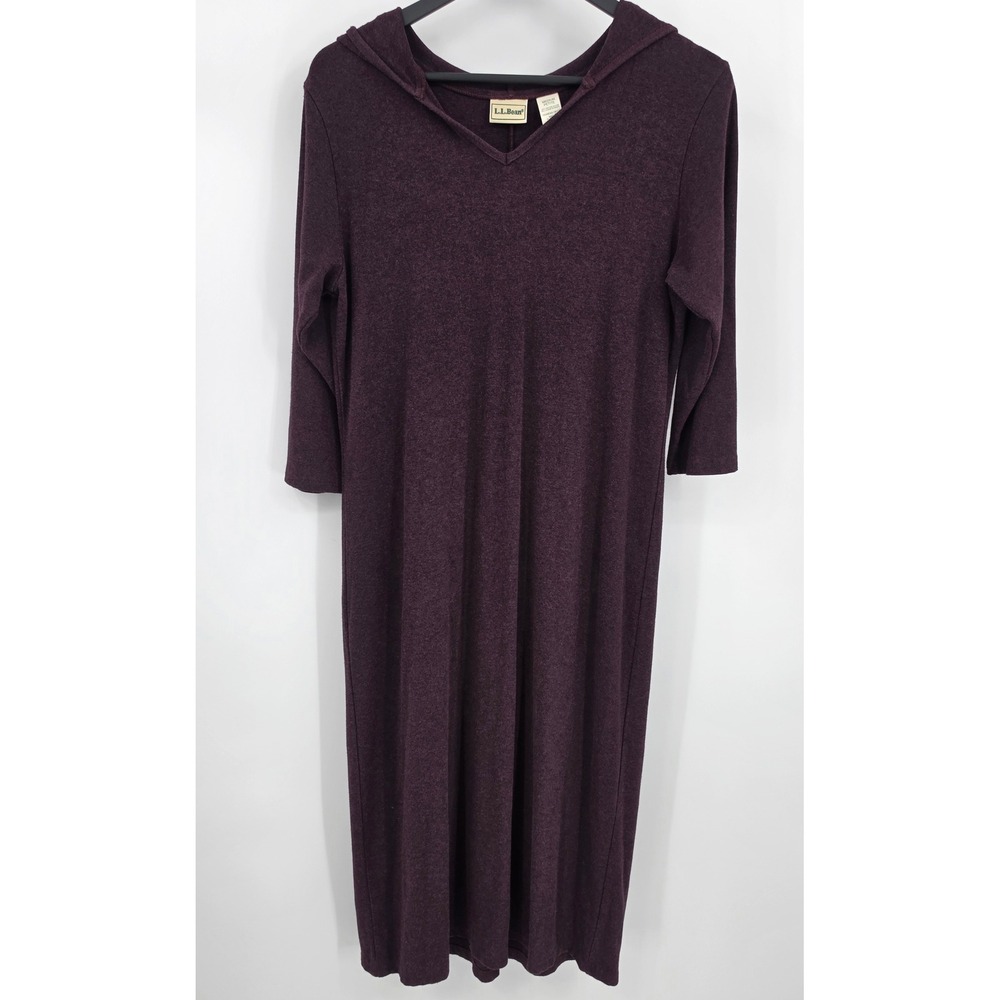 LL Bean Hooded Maxi Dress Sz M Petite V-Neck 3/4 Sleeve Knit Purple Modest